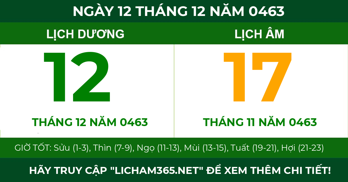 lịch âm ngày 12 tháng 12 năm 0463