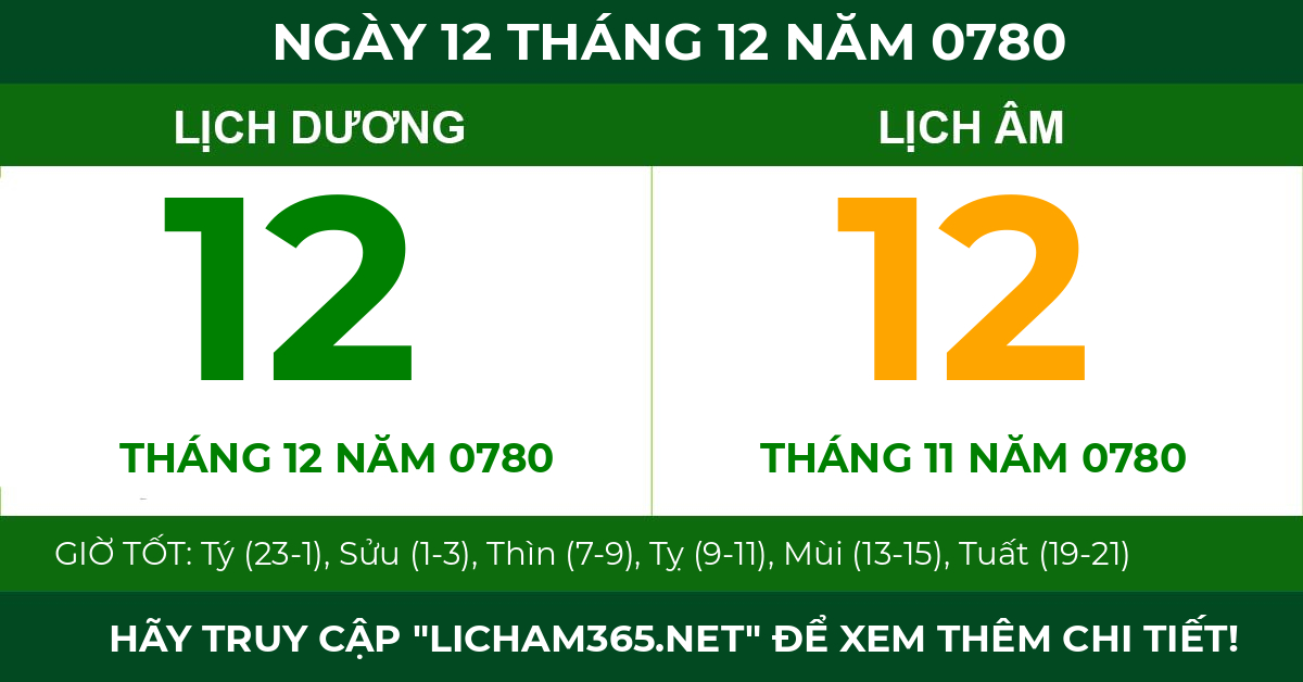 lịch âm ngày 12 tháng 12 năm 0780