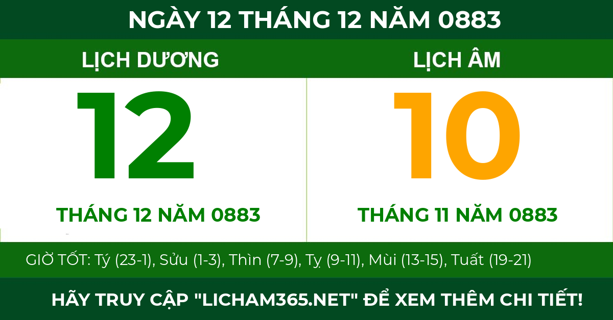 lịch âm ngày 12 tháng 12 năm 0883