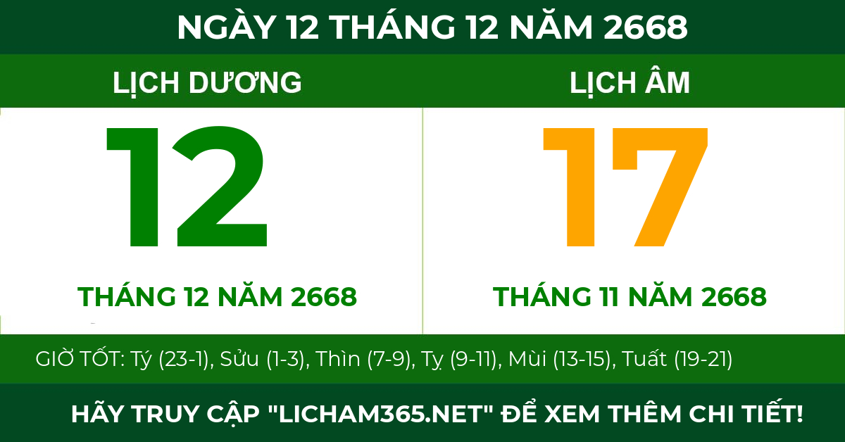 lịch âm ngày 12 tháng 12 năm 2668
