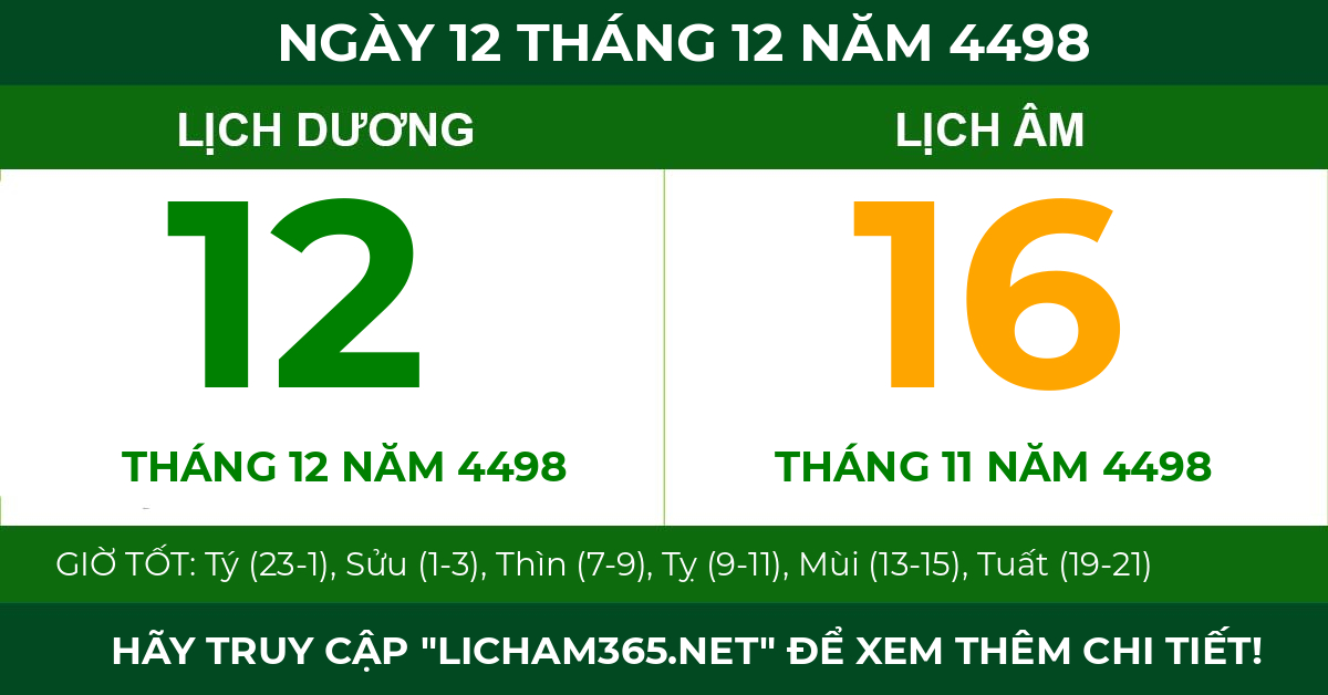 lịch âm ngày 12 tháng 12 năm 4498