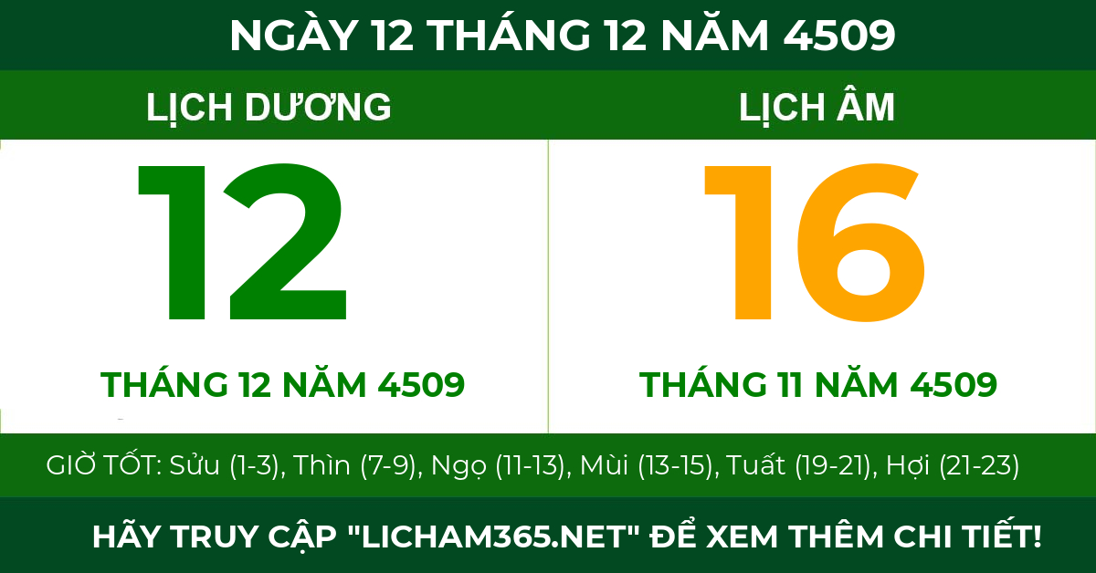 lịch âm ngày 12 tháng 12 năm 4509
