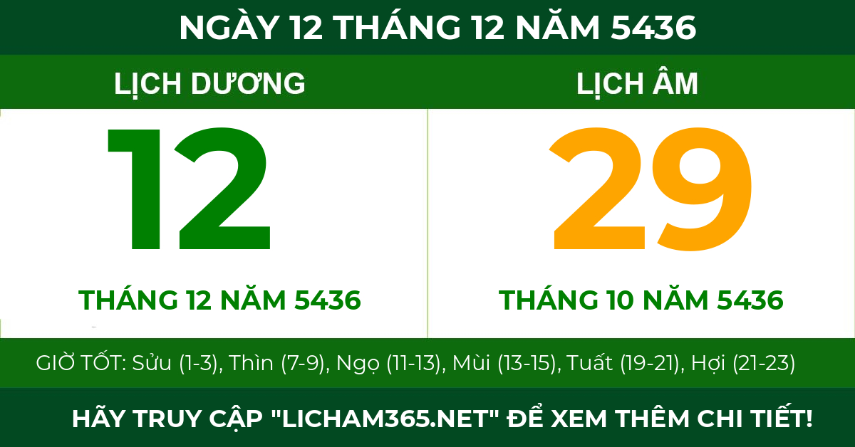lịch âm ngày 12 tháng 12 năm 5436