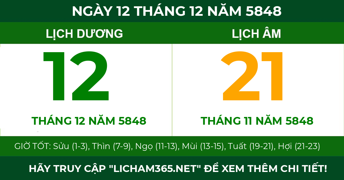 lịch âm ngày 12 tháng 12 năm 5848