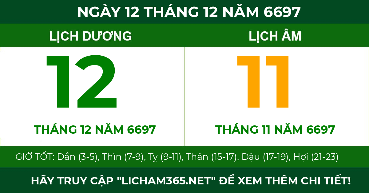 lịch âm ngày 12 tháng 12 năm 6697