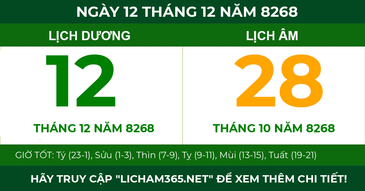 lịch âm ngày 12 tháng 12 năm 8268