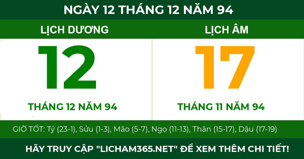 lịch âm ngày 12 tháng 12 năm 94