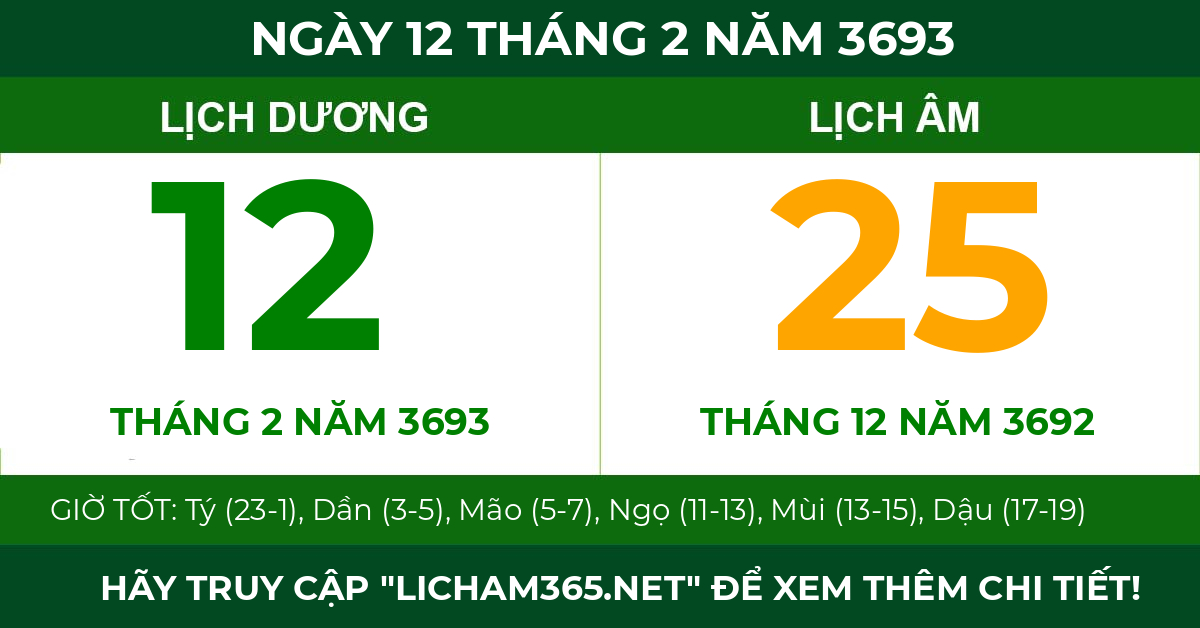 lịch âm ngày 12 tháng 2 năm 3693