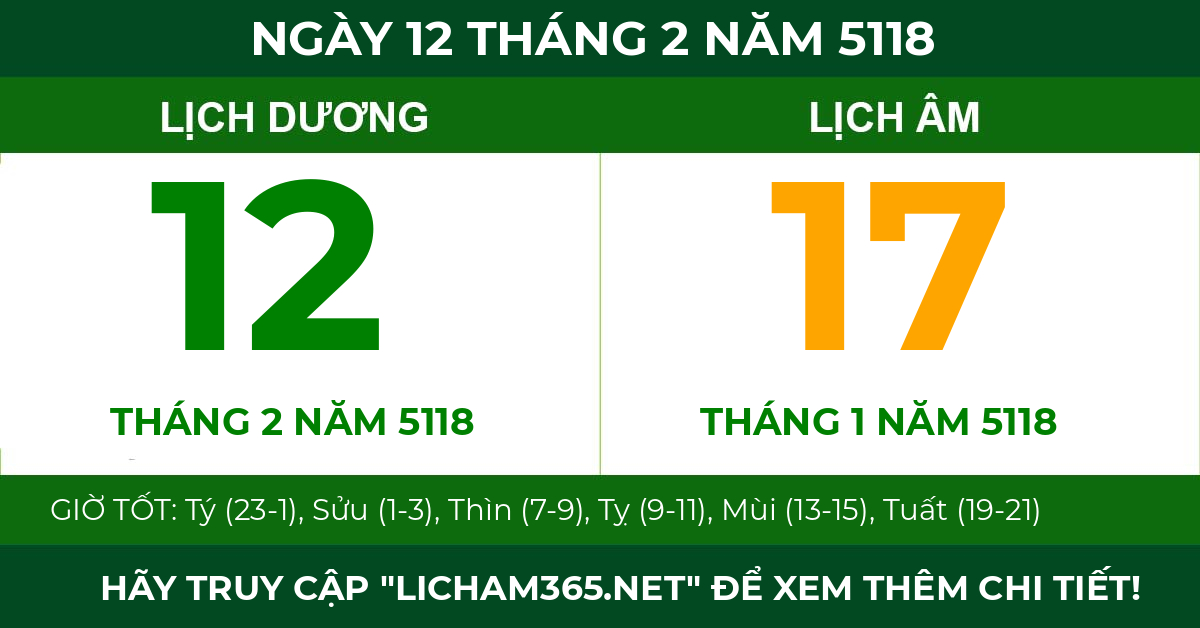 lịch âm ngày 12 tháng 2 năm 5118