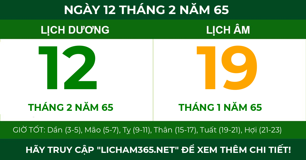 lịch âm ngày 12 tháng 2 năm 65