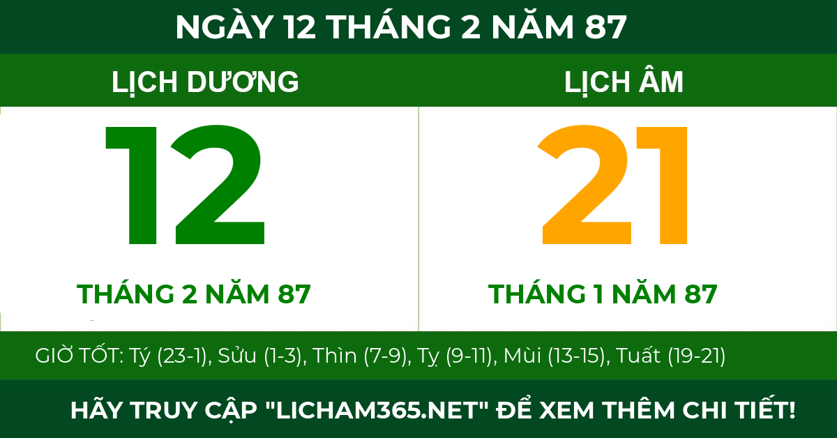 lịch âm ngày 12 tháng 2 năm 87