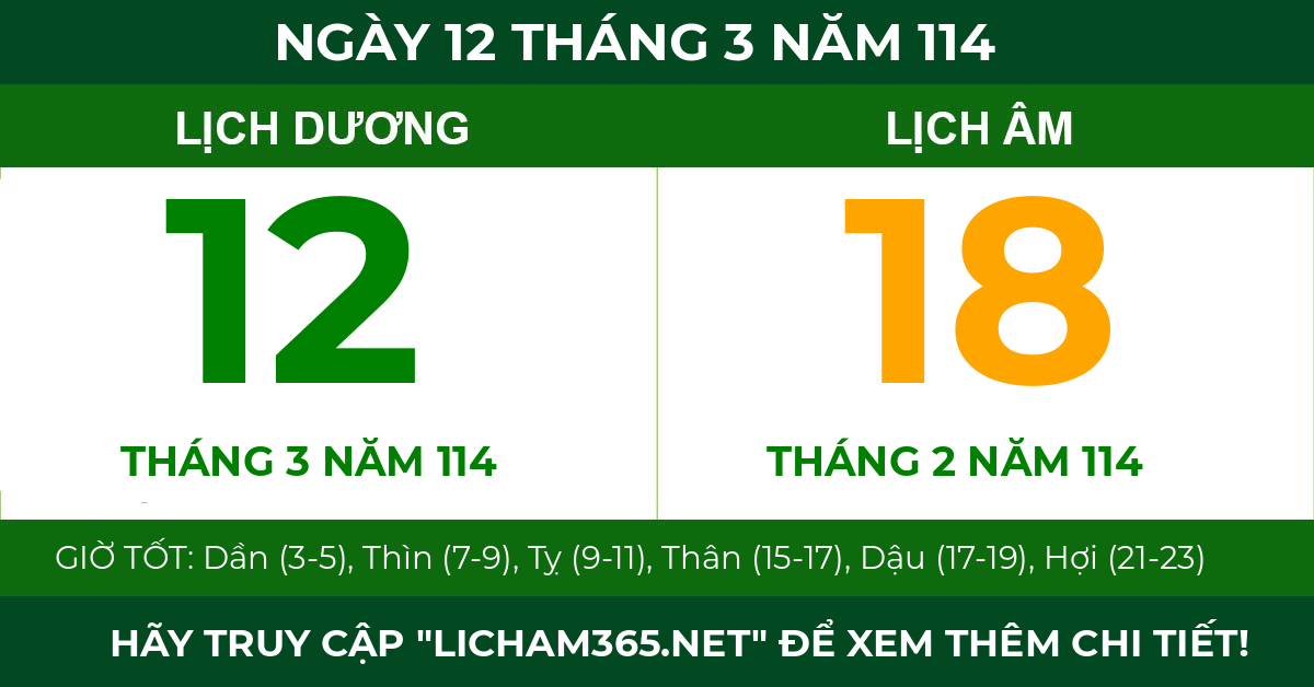 lịch âm ngày 12 tháng 3 năm 114