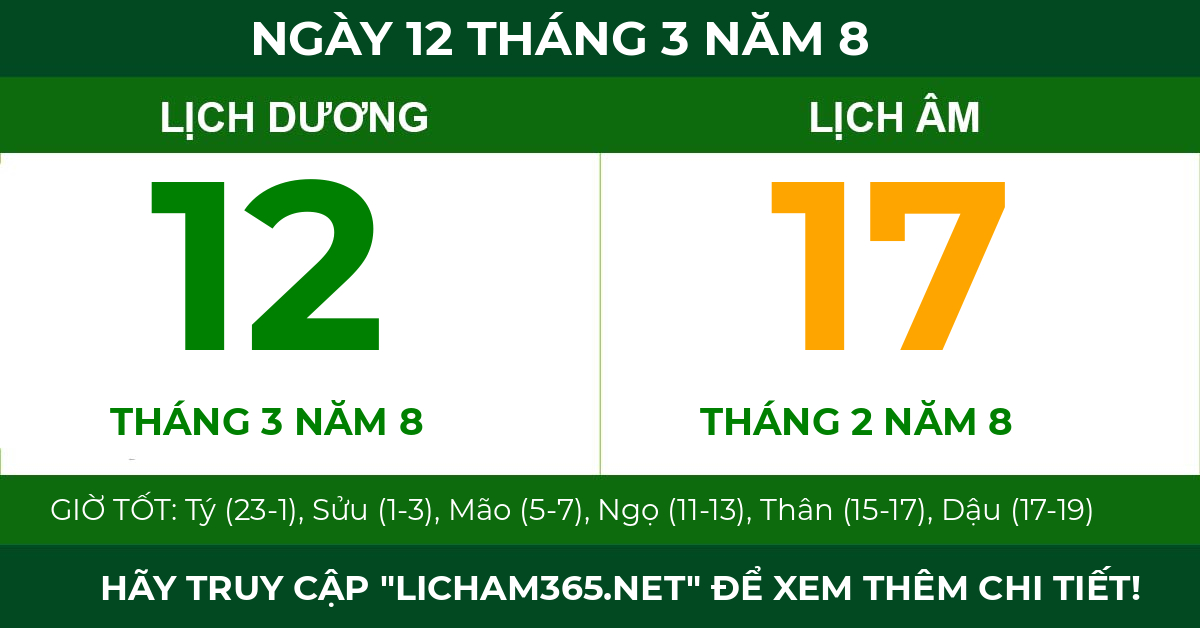 lịch âm ngày 12 tháng 3 năm 8