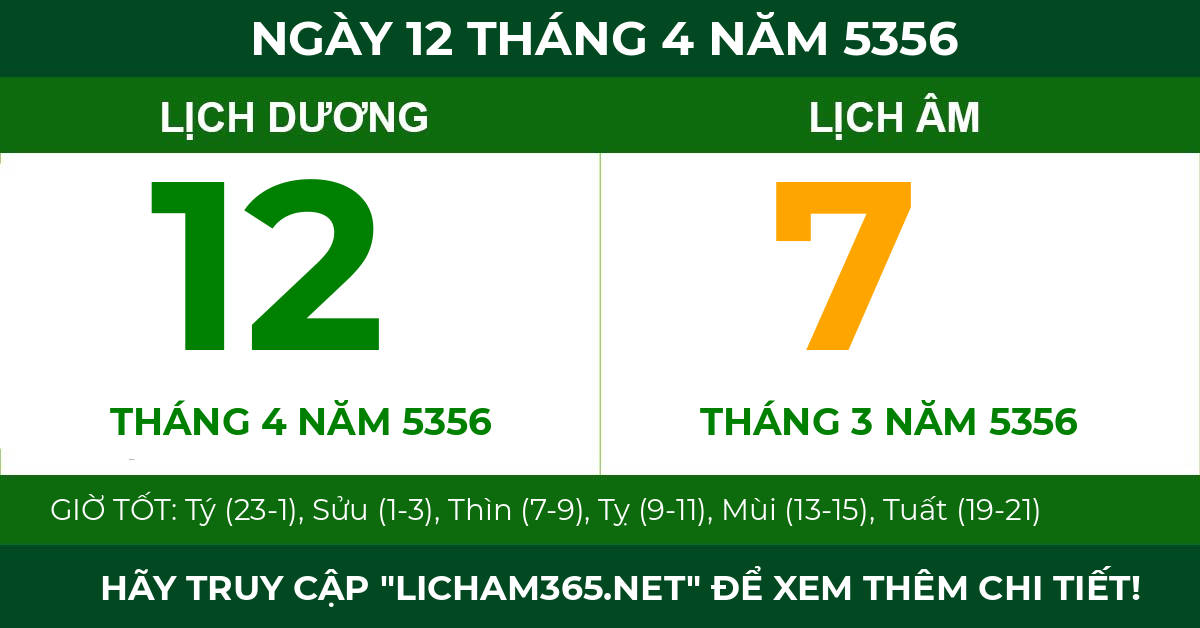 lịch âm ngày 12 tháng 4 năm 5356