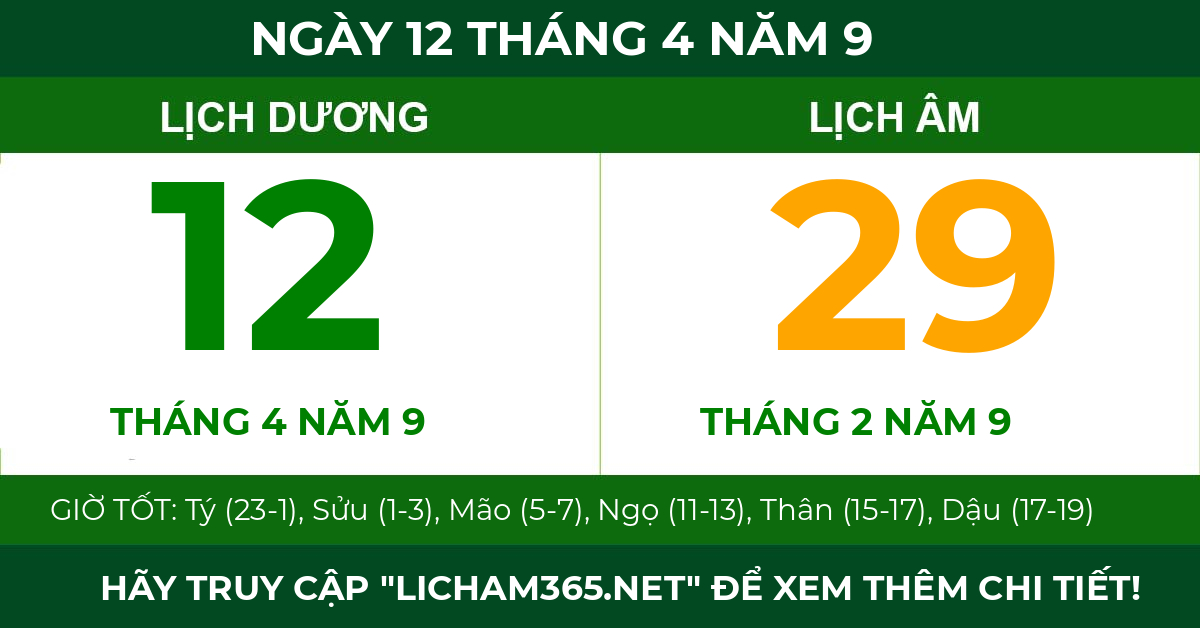 lịch âm ngày 12 tháng 4 năm 9