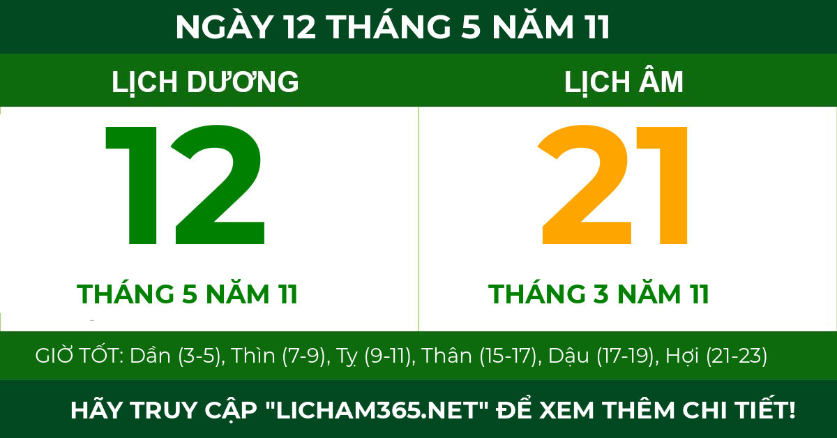 lịch âm ngày 12 tháng 5 năm 11