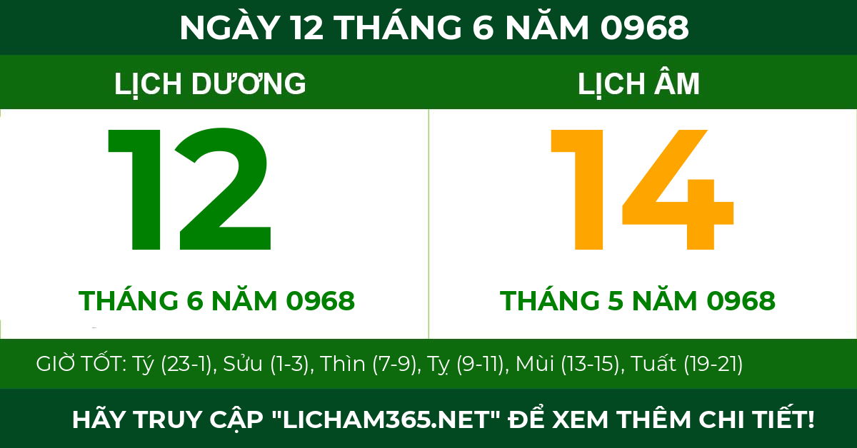lịch âm ngày 12 tháng 6 năm 0968