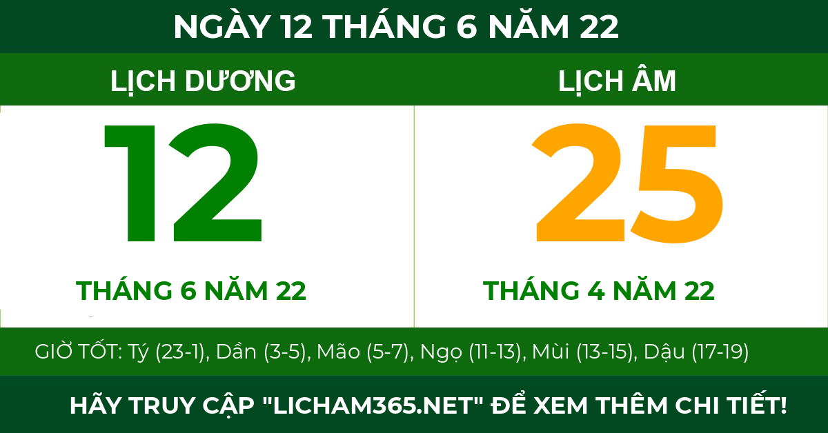 lịch âm ngày 12 tháng 6 năm 22