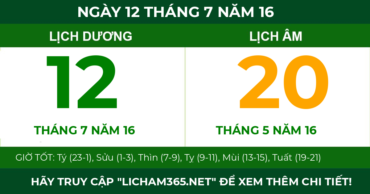 lịch âm ngày 12 tháng 7 năm 16