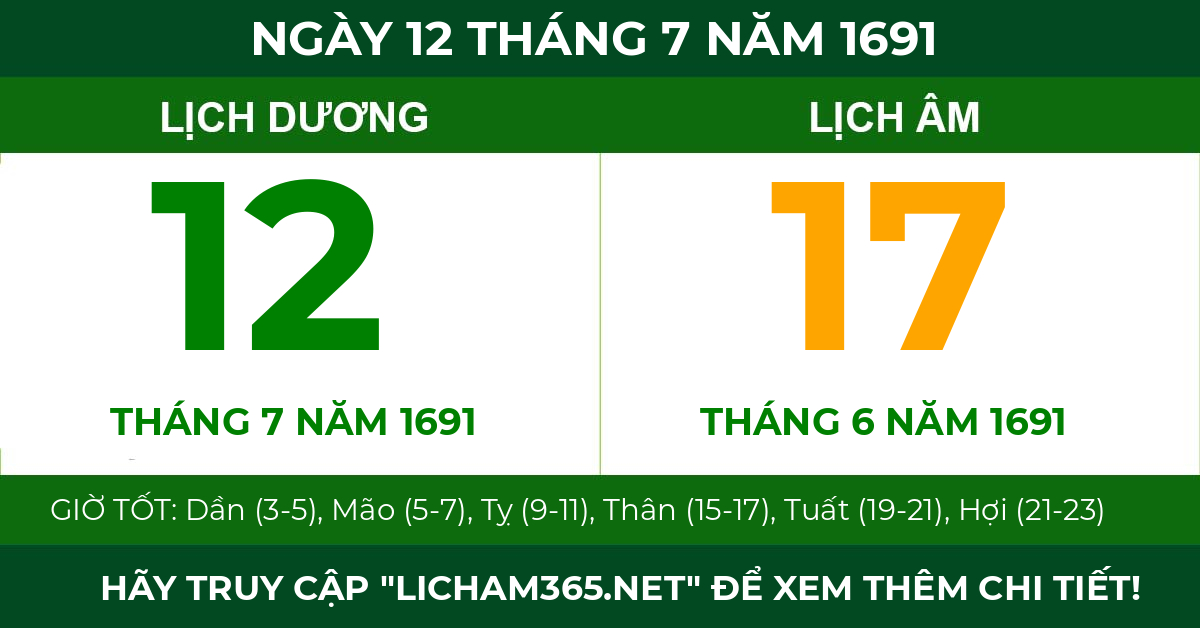 lịch âm ngày 12 tháng 7 năm 1691