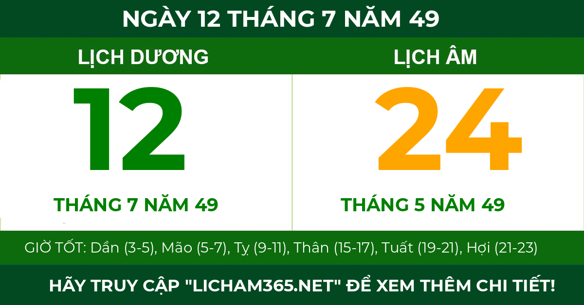 lịch âm ngày 12 tháng 7 năm 49