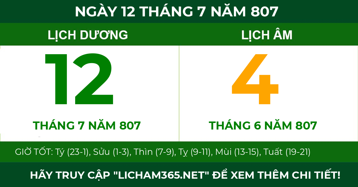 lịch âm ngày 12 tháng 7 năm 807