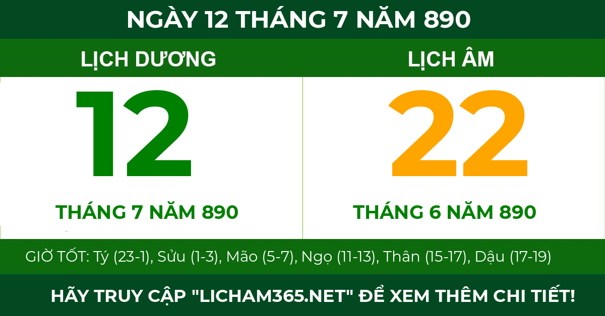 lịch âm ngày 12 tháng 7 năm 890