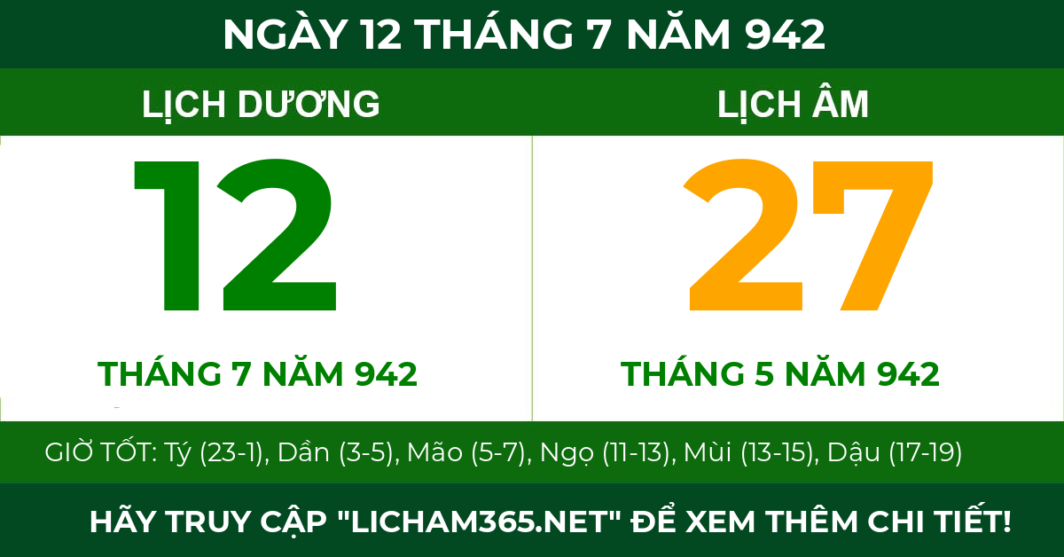 lịch âm ngày 12 tháng 7 năm 942