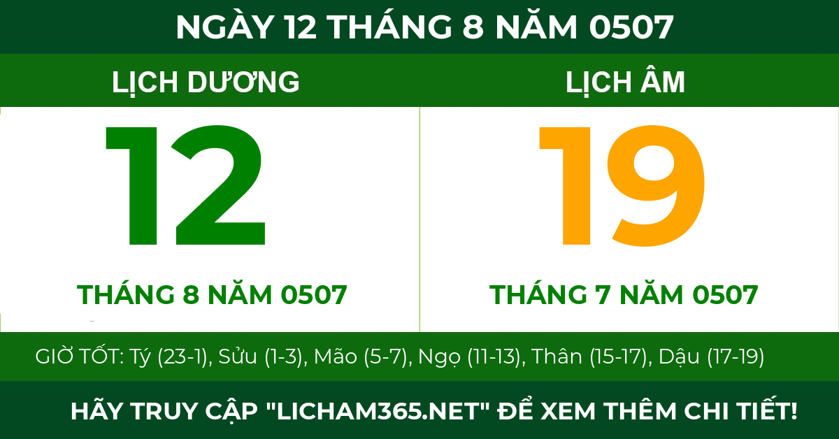 lịch âm ngày 12 tháng 8 năm 0507