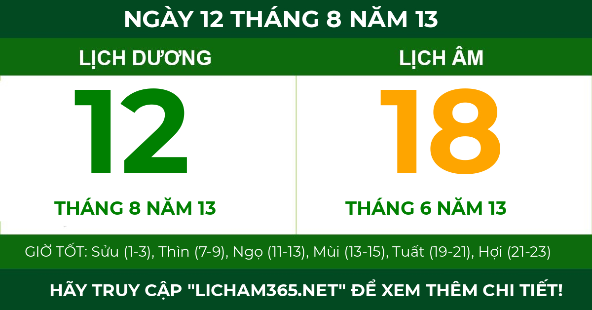 lịch âm ngày 12 tháng 8 năm 13