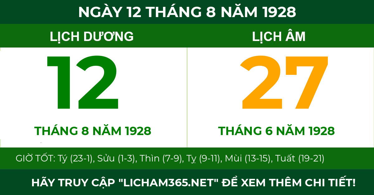 lịch âm ngày 12 tháng 8 năm 1928