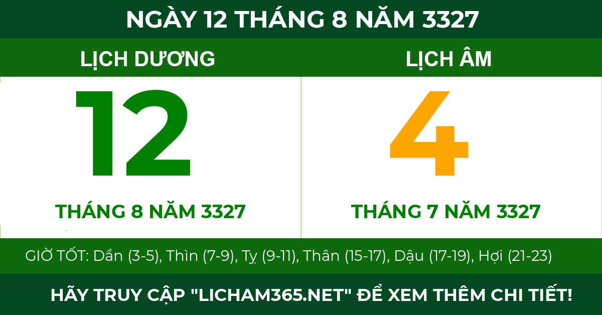 lịch âm ngày 12 tháng 8 năm 3327