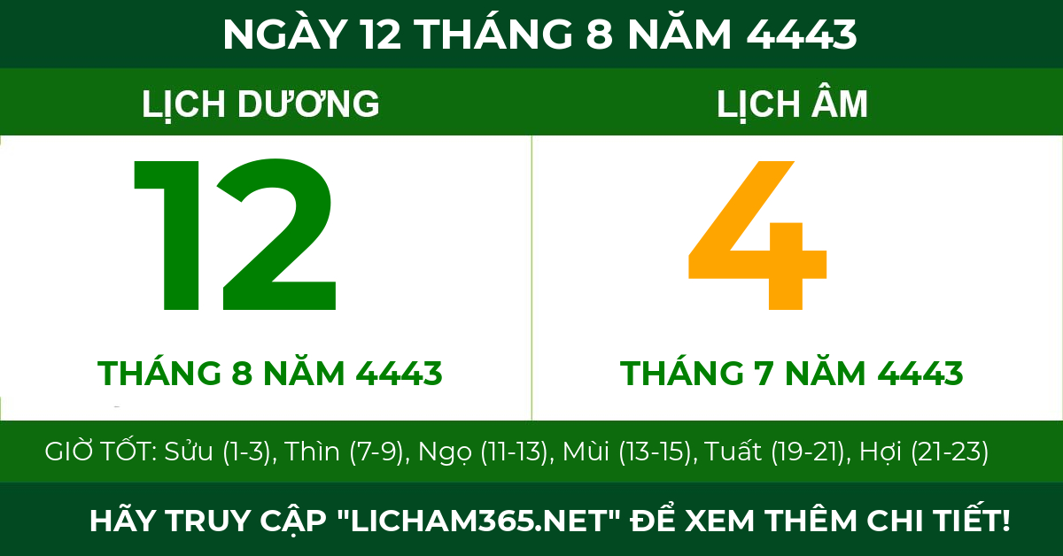 lịch âm ngày 12 tháng 8 năm 4443