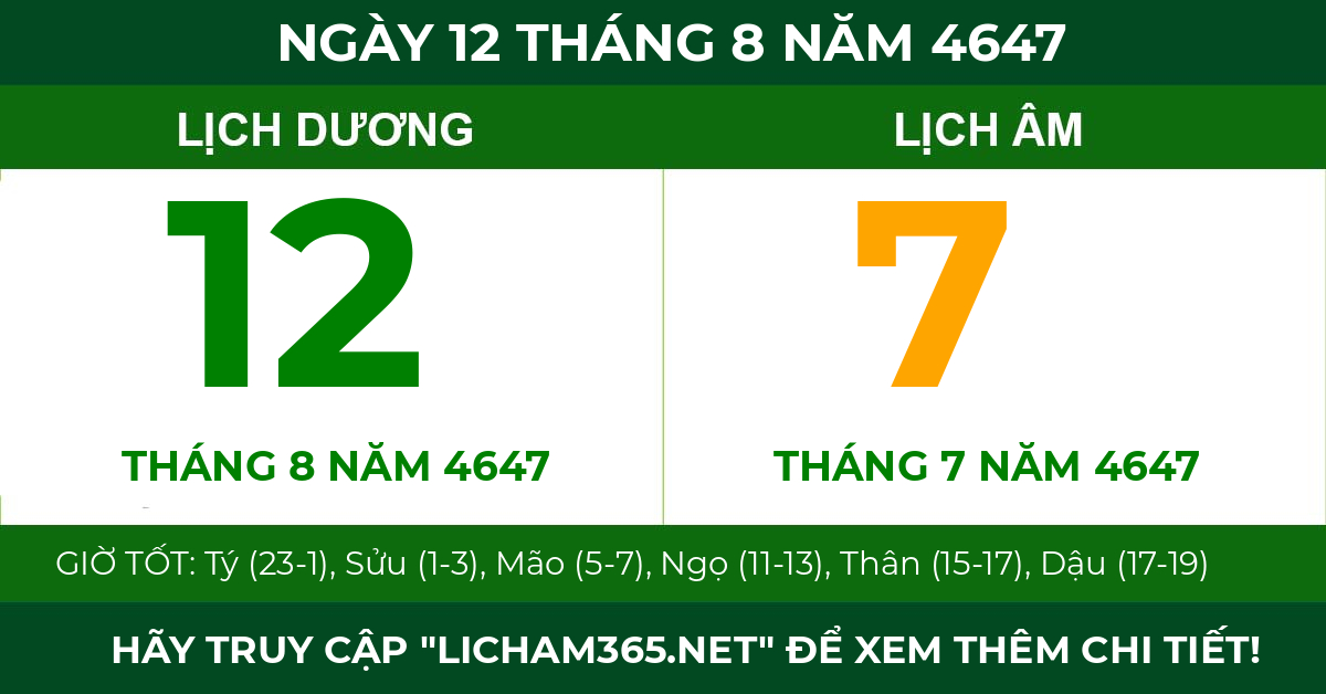 lịch âm ngày 12 tháng 8 năm 4647
