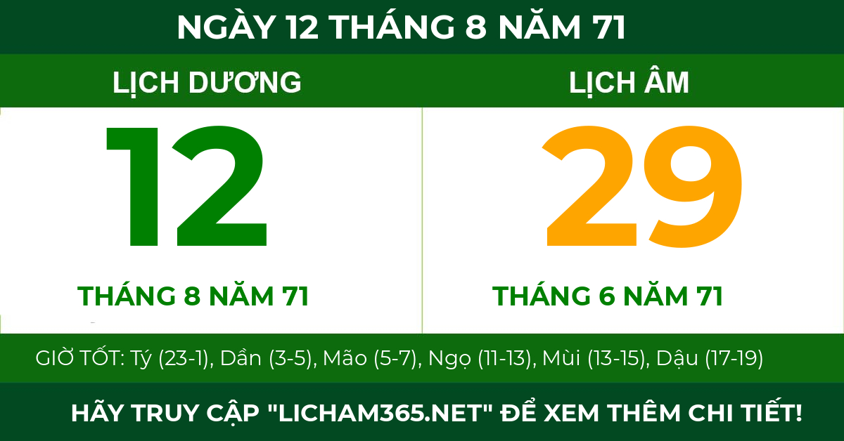 lịch âm ngày 12 tháng 8 năm 71
