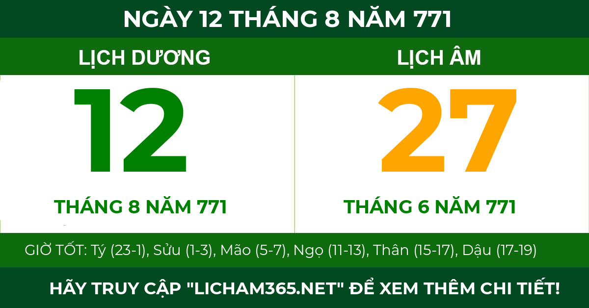 lịch âm ngày 12 tháng 8 năm 771