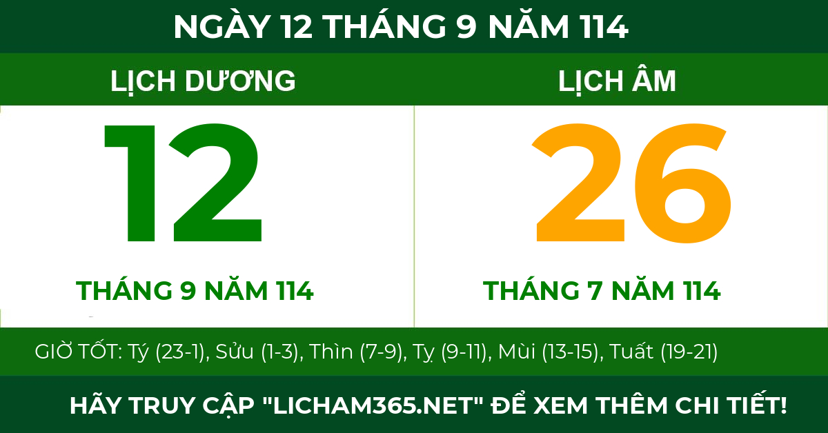 lịch âm ngày 12 tháng 9 năm 114
