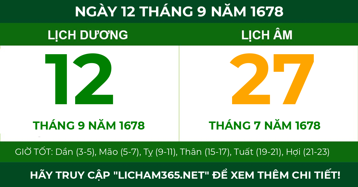 lịch âm ngày 12 tháng 9 năm 1678