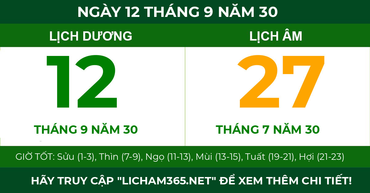 lịch âm ngày 12 tháng 9 năm 30