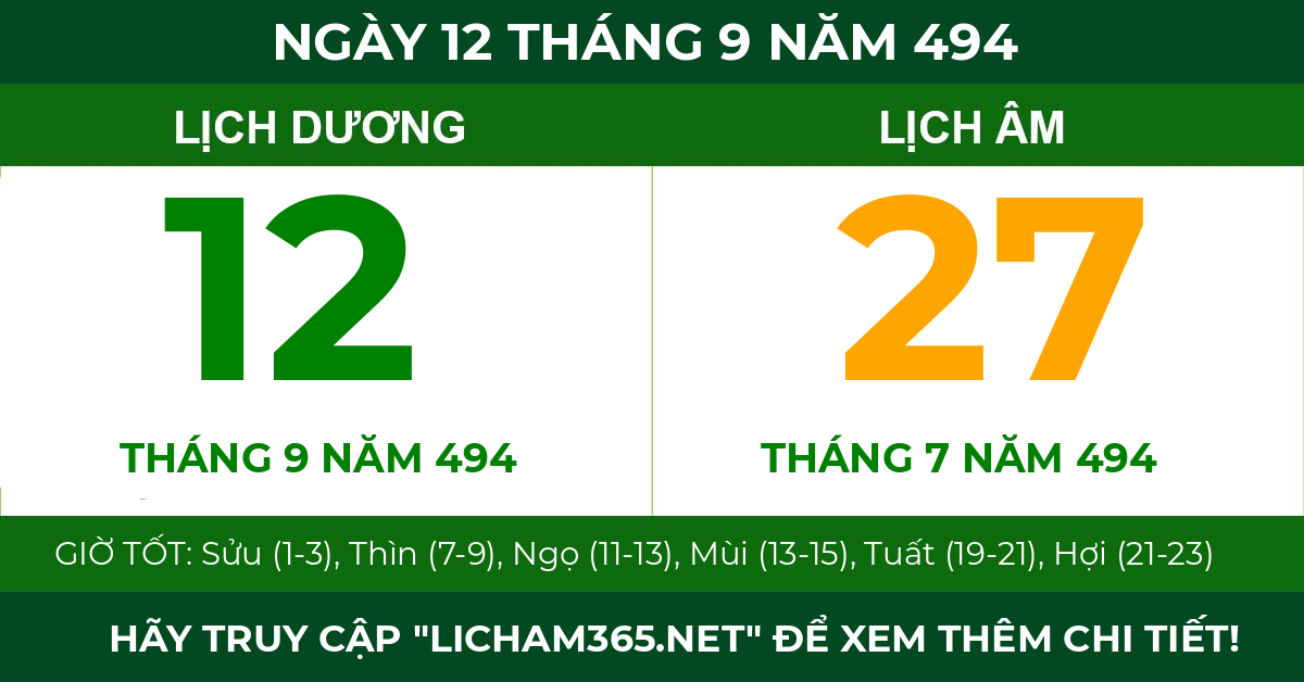 lịch âm ngày 12 tháng 9 năm 494