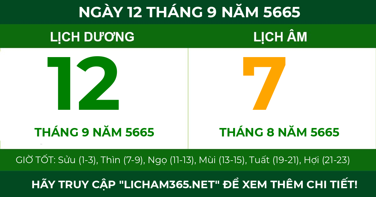 lịch âm ngày 12 tháng 9 năm 5665