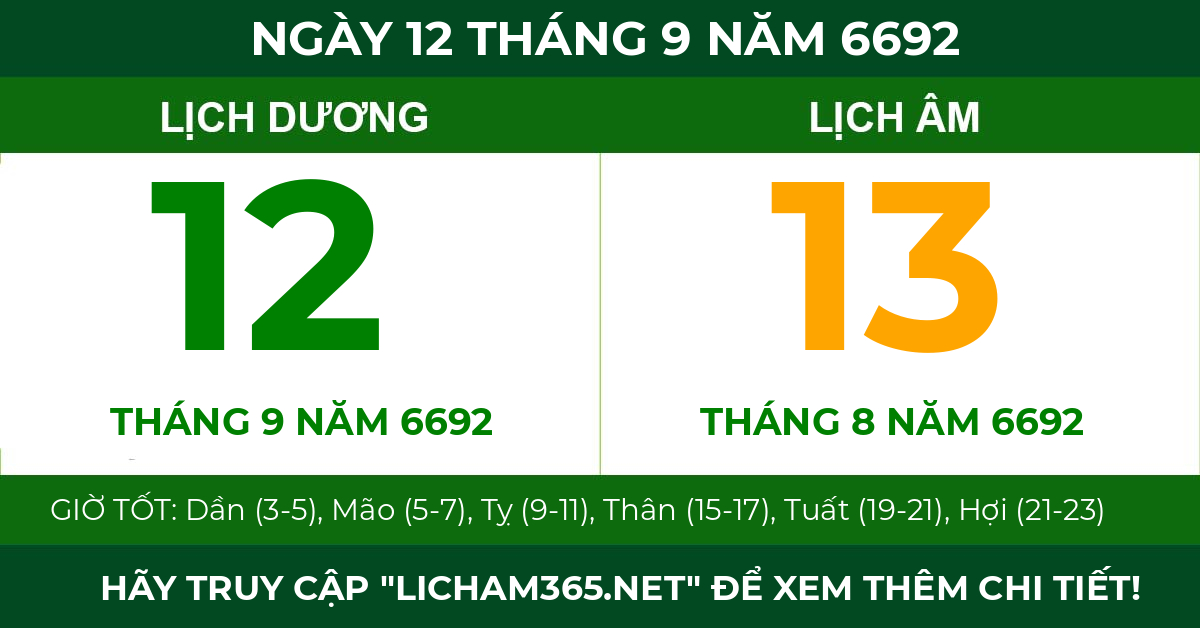 lịch âm ngày 12 tháng 9 năm 6692