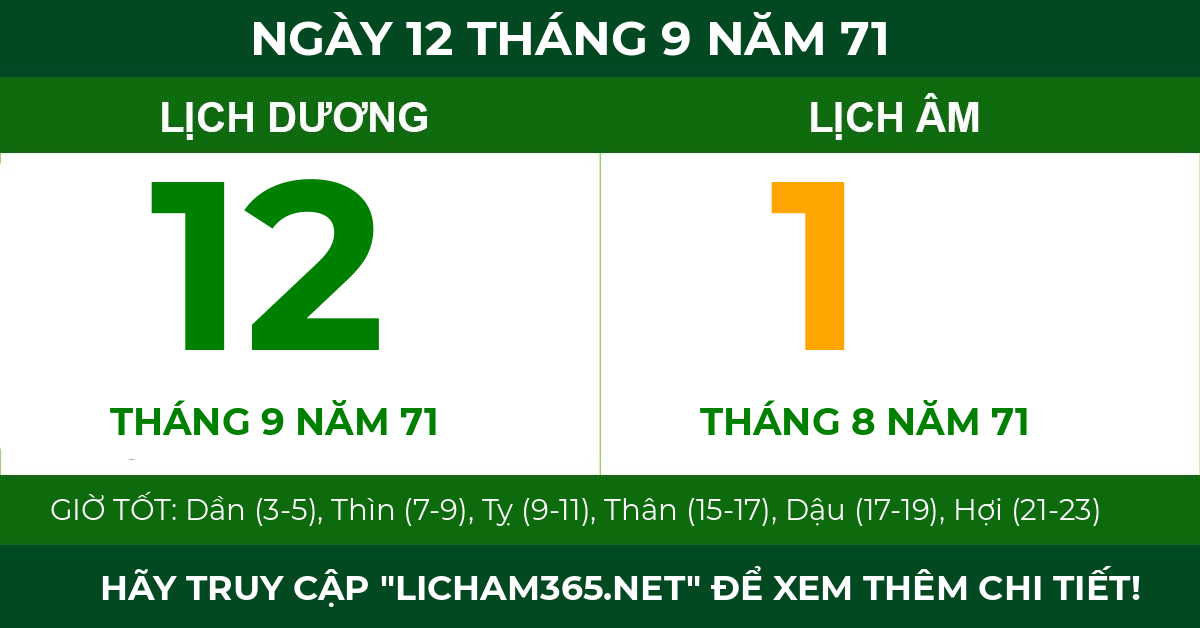 lịch âm ngày 12 tháng 9 năm 71