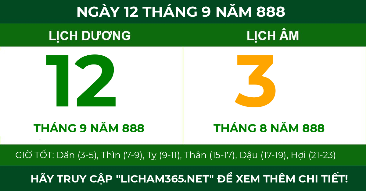 lịch âm ngày 12 tháng 9 năm 888
