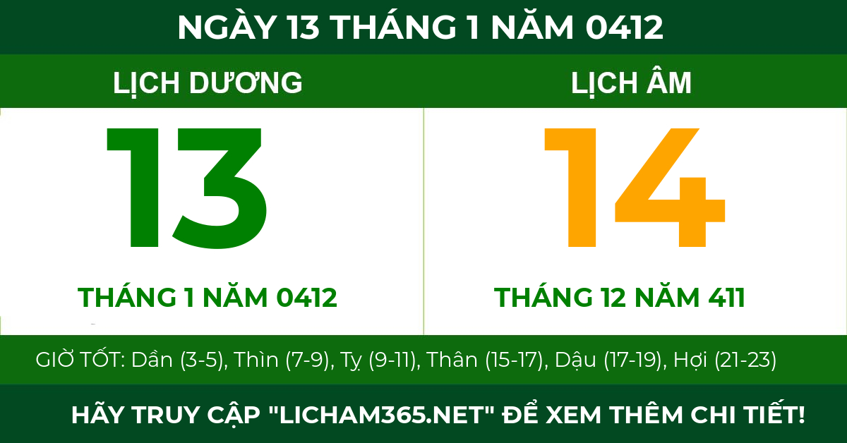 lịch âm ngày 13 tháng 1 năm 0412