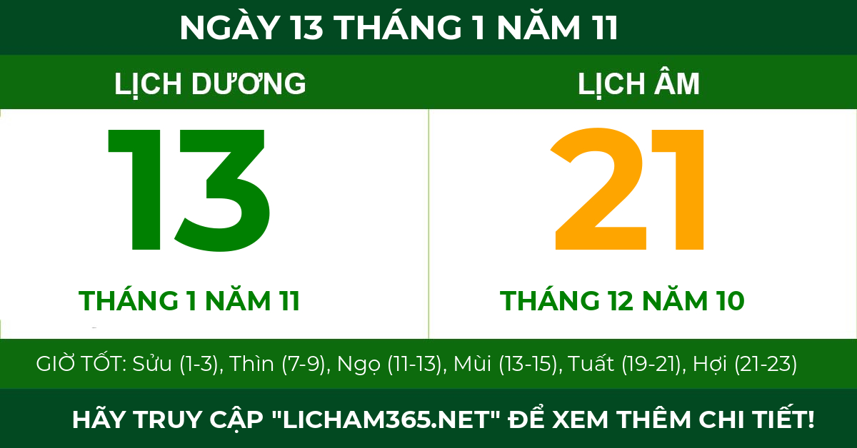 lịch âm ngày 13 tháng 1 năm 11