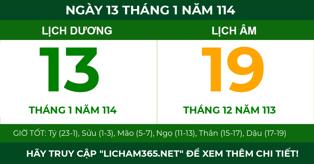 lịch âm ngày 13 tháng 1 năm 114