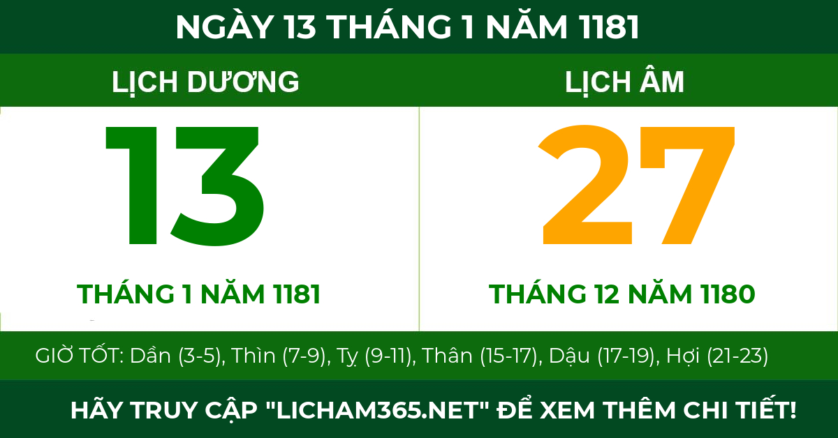 lịch âm ngày 13 tháng 1 năm 1181