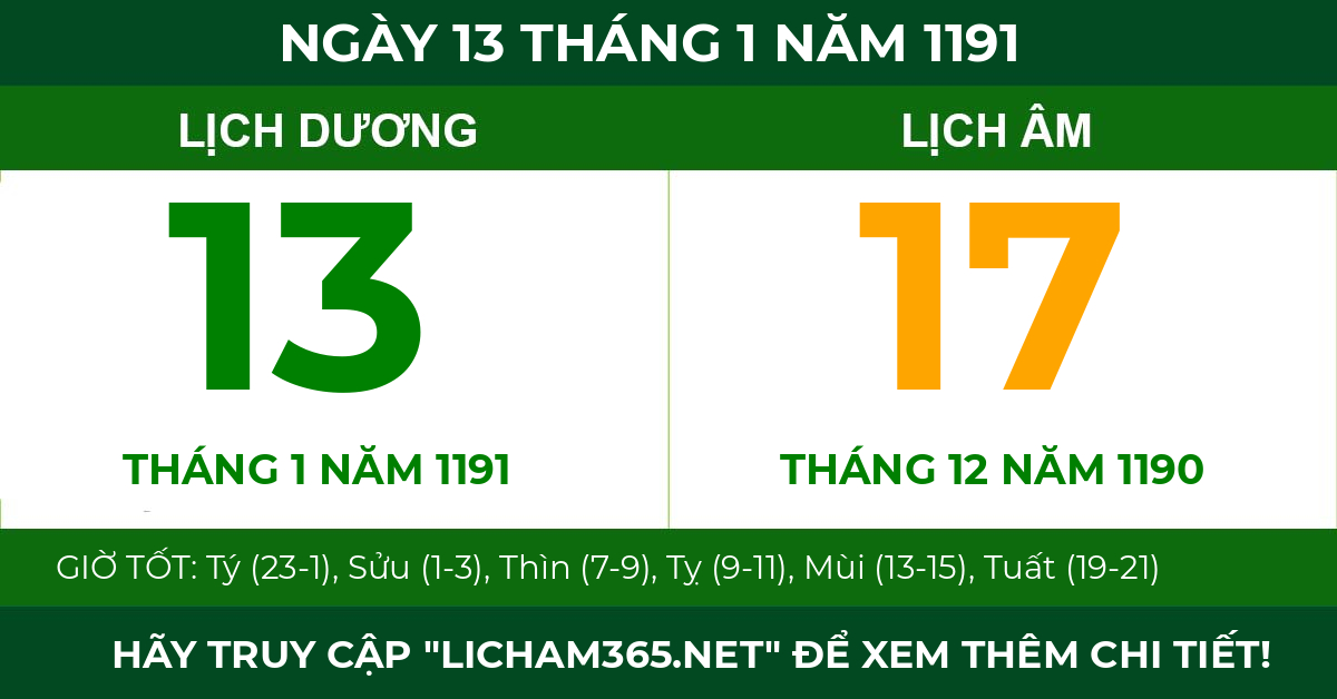 lịch âm ngày 13 tháng 1 năm 1191
