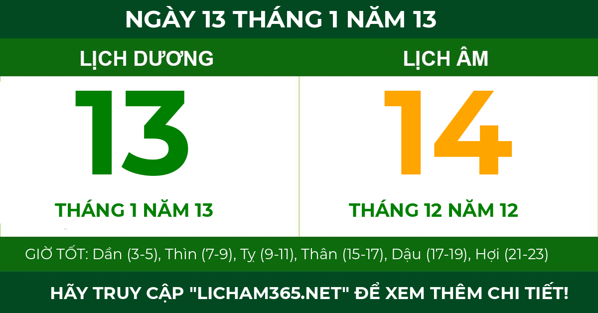 lịch âm ngày 13 tháng 1 năm 13